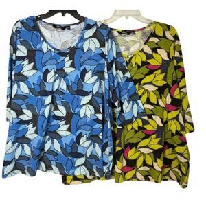 Lot of 2 Ulla Popken Shirts Womens 16/18 Multi Green Blue 3/4 Sleeve Lightweight